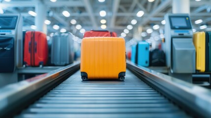Airport conveyor belts transport and load. A lone yellow suitcase on a conveyor belt