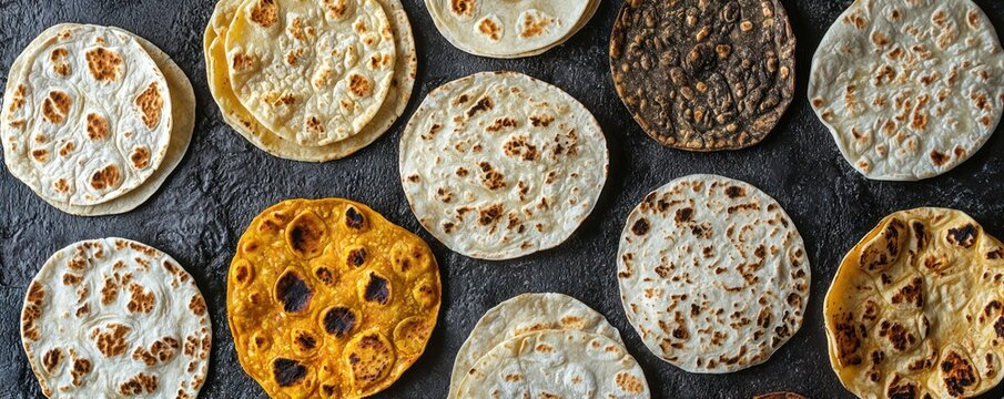 An array of Mexican tortillas displayed attractively on a textured concrete surface.
