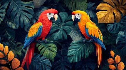Obraz premium Vibrant tropical jungle with colorful parrots perched on lush foliage and rich green leaves
