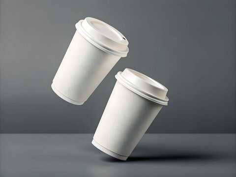 photo 3D render of two white paper coffee cups floating in the air, isolated on a grey background