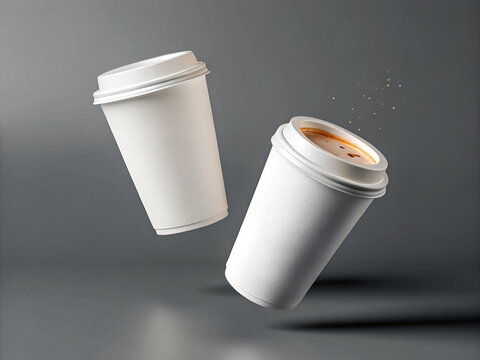photo 3D render of two white paper coffee cups floating in the air, isolated on a grey background