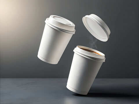 photo 3D render of two white paper coffee cups floating in the air, isolated on a grey background