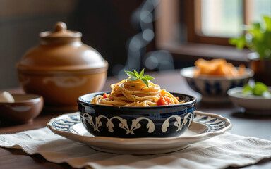 Steaming hot spaghetti with tomatoes and basil in a decorative bowl