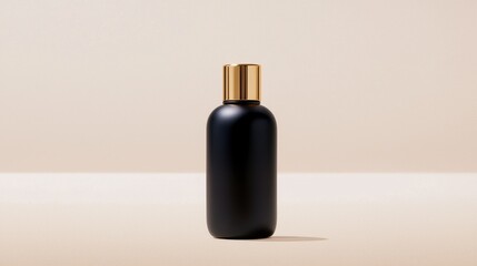Elegant Black Bottle with Gold Cap on Minimalist Background for High-End Beauty or Skincare Product Presentation and Promotional Display