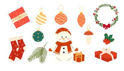 Cozy collection of Christmas and New Year elements. Snowman, gifts, balls, socks, wreath. Set of traditional winter symbols, elements and decorations. Vector, flat illustration.