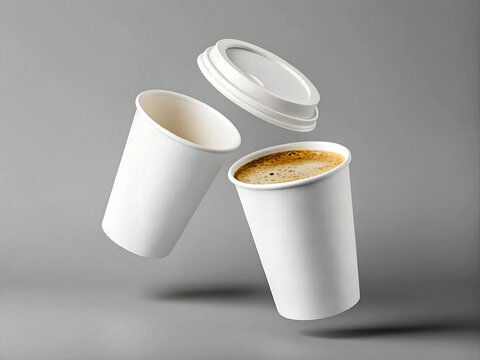 photo 3D render of two white paper coffee cups floating in the air, isolated on a grey background