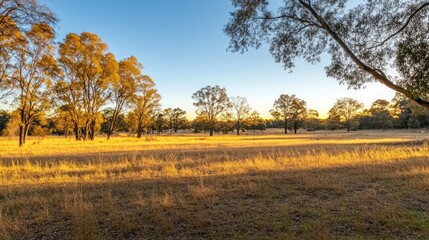 Fototapeta premium Golden Sunset Over Serene Australian Grassland Trees