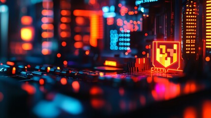 Obraz premium A close-up view of a computer motherboard illuminated with vibrant neon lights.