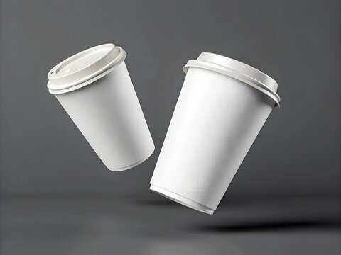 photo 3D render of two white paper coffee cups floating in the air, isolated on a grey background