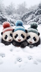 Adorable Panda Cubs in a Snowy Winter Wonderland