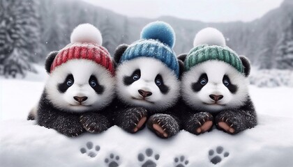 Adorable Panda Cubs in a Snowy Winter Wonderland
