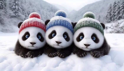 Adorable Panda Cubs in a Snowy Winter Wonderland