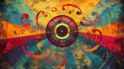 Colorful groovy vinyl record illustration with musical notes and vibrant patterns