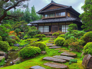 Obraz premium 美しい日本庭園と古民家の調和：和の心を感じる伝統的な風景