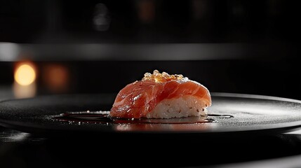 Elegant Wagyu Sushi on a Stylish Black Plate