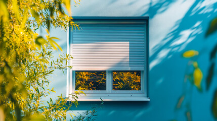 A well-lit turquoise wall features a partially closed roller shutter, with sunlight reflecting on the window amidst lush foliage