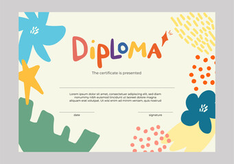 Diploma or certificate for kids template with cute hand drawing modern style background. Soft Pastel Themed.
