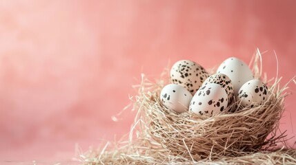 Obraz premium An Easter greeting card design featuring a white basket of quail eggs and dry grass on a pastel pink background, with space for text.