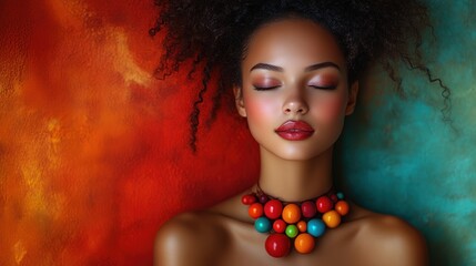 A young woman with curly hair, lying down, wearing colorful beads, and a serene expression against a vibrant color background.