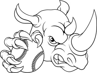 A Rhino Rhinoceros mean tough cartoon sports animal mascot holding a baseball or softball ball
