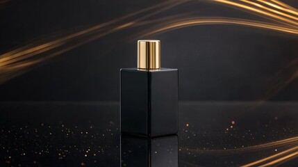 Elegant black perfume bottle with gold cap on a reflective surface, surrounded by soft golden light trails and sparkling dust, evoking luxury and sophistication