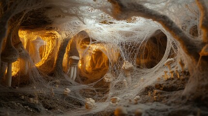 Detailed view of mycelium network with glowing mushrooms in a subterranean environment