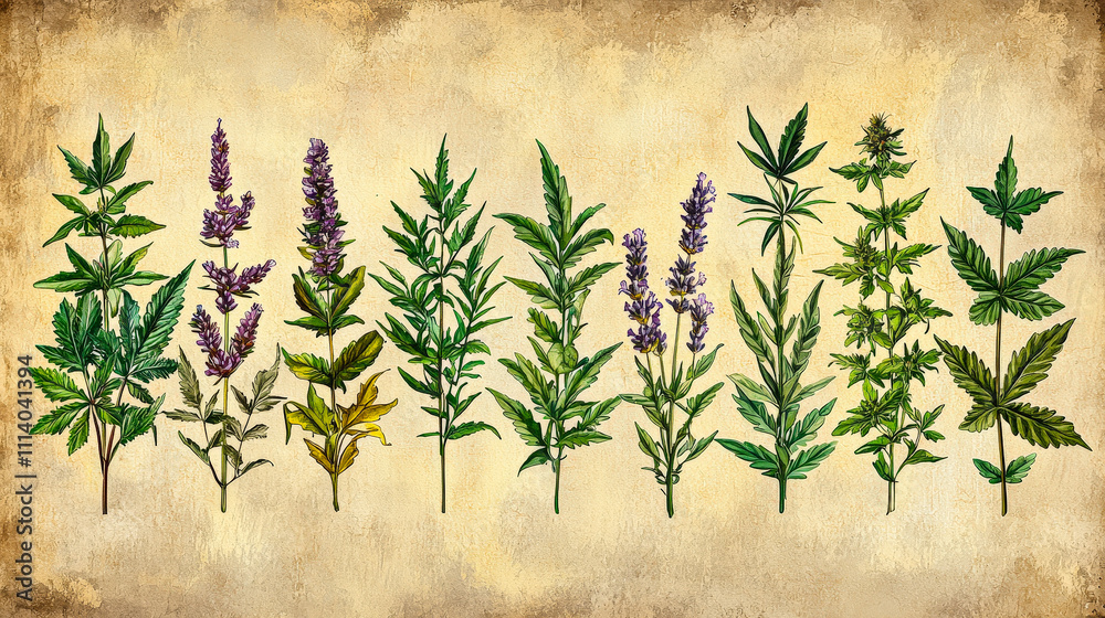 Poster multiple herbal plants with different shapes and colors are arranged together, highlighting their un