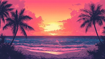 Vibrant sunset over the ocean with palm tree silhouettes in a tropical paradise
