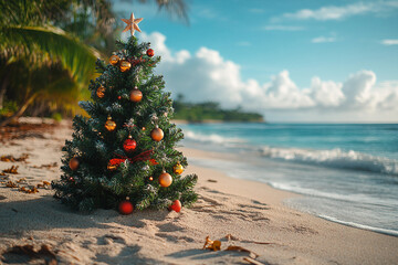 Beautiful new year and xmas decorations on tropical sea beach ai generative