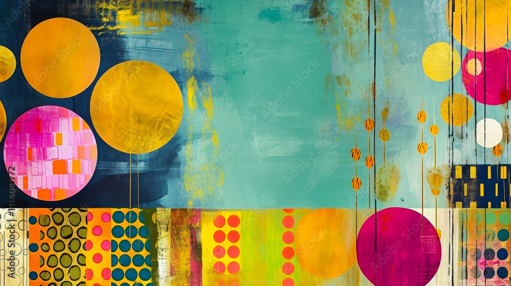 Poster Vibrant abstract artwork featuring colorful circles and geometric patterns on a textured background