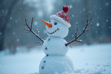 Obraz premium A smiling snowman wearing Xmas hat out in the falling snow during winter, happily greeting all a Merry Christmas and a fun, happy holiday season and New Year. Welcoming Yuletide spirit concept.