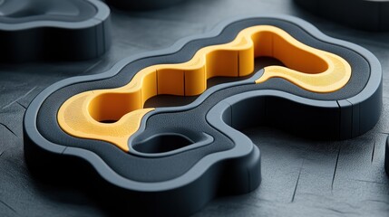 Abstract 3D render of interlocking grey and yellow shapes.