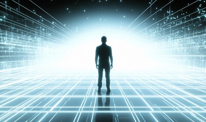 A business professional standing in the vast expanse of cyberspace, symbolizing the power of social networks and advanced technology in the modern digital age.