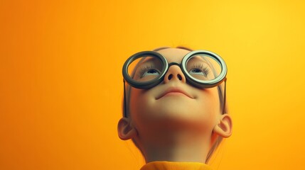 Child looking up wearing large glasses against orange background