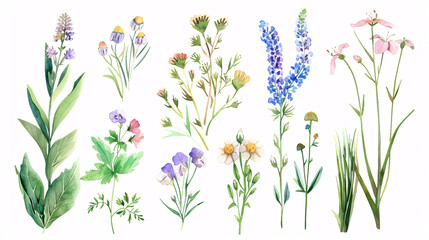 Watercolor Wildflowers and Leaves: Set of watercolor illustrations of wildflowers, leaves, and grass. Vector isolated in a vintage style.