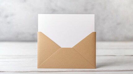 One white greeting card mockup standing upright on a white wooden desk Blank closed card template with envelope, on white background