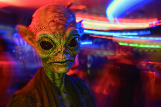Image of extraterrestrial alien in glowing light night club generative AI