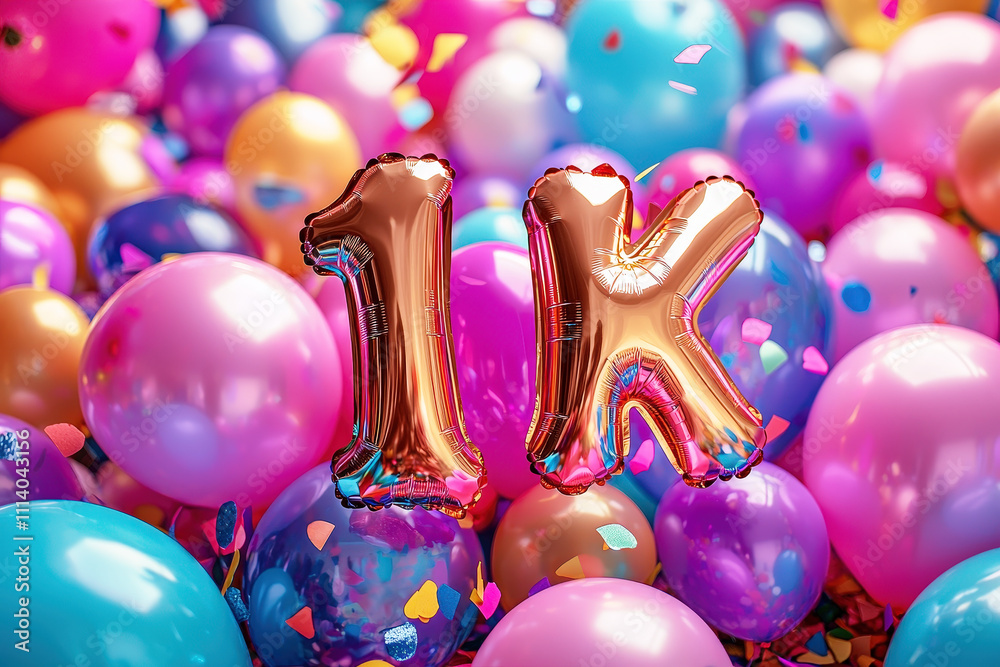 Poster a shiny 1k balloon stands out among an array of colorful balloons and scattered confetti, capturing 