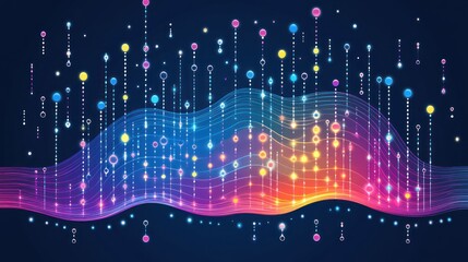 Abstract colorful wave with glowing particles and lines.