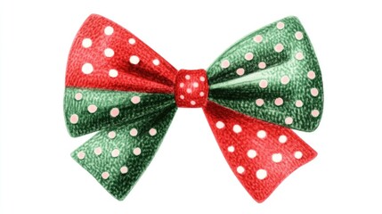 Christmas bow clipart, polka dot pattern, red and green, isolated on white background