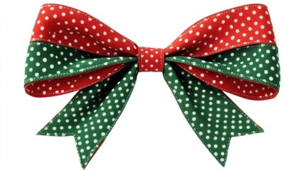 Christmas bow clipart, polka dot pattern, red and green, isolated on white background