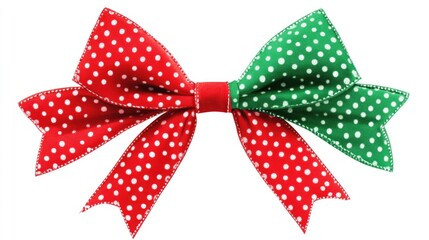 Christmas bow clipart, polka dot pattern, red and green, isolated on white background