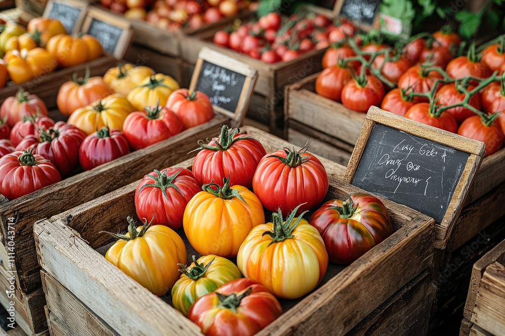Poster vibrant tomatoes in different colors and sizes are artistically arranged in wooden crates at a bustl