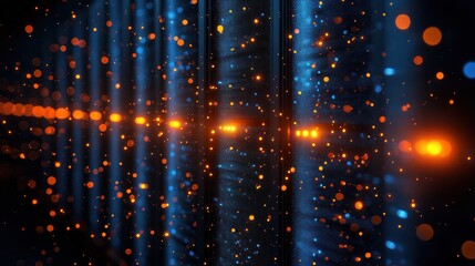Abstract digital background with glowing particles and lines.