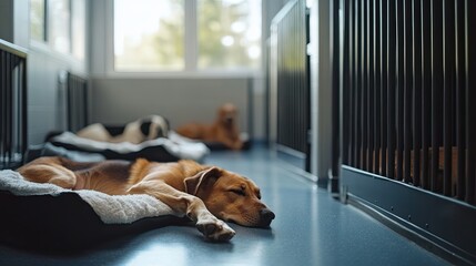 Peaceful recovery room with dogs resting in kennels at animal clinic