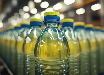 Rows of plastic bottles filled with a translucent yellow liquid on a conveyor belt in a factory.  Focus is on a single bottle in the foreground.