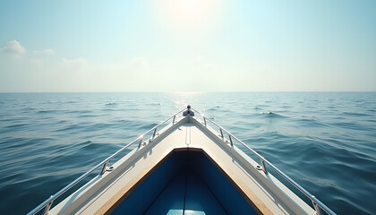 Bow of a boat navigating calm sea waters, serene ocean view, sunny sky