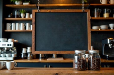 Mock up of a chalkboard menu against the background of a coffee bar with cups, a coffee machine and glass jars with coffee beans. Stylish urban interior emphasizing the coziness of a coffee shop.
