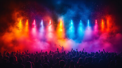 Colorful lighting illuminates energetic crowd at a live music festival during the evening hours....