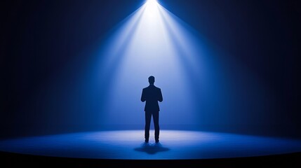 A silhouetted figure stands under a spotlight, conveying a sense of anticipation and focus.